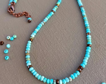 Natural Sky Turquoise & Bronze Necklace, Handmade, Antique Copper, Boho, Southwest