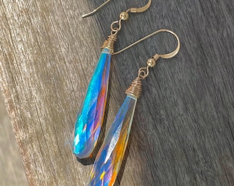 Rainbow Prism Fire Quartz Drop Earrings, Faceted & Long, Gold Fill or Sterling Silver
