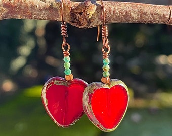 Ruby-Red Translucent Heart & Mini-Turquoise Copper Earrings- Love, Exclusive, Gift for Her