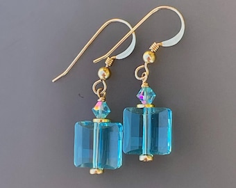 Sea & Sky Swavorski Earrings, Bright Blue Crystal Squares, Aurora Borealis Toppers, Handmade