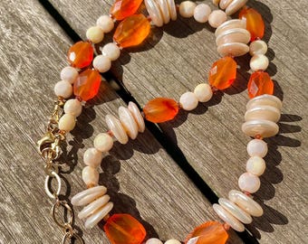 Carnelian, Pearl Coins & Silverite Hand Created Statement Necklace, Luminous, Orange Lovers