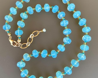 Opalite Necklace: Blue Glowing Beads, Hand Knotted, 14k Gold Fill, Beachy “Moonlight”