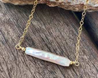 Freshwater White Biwa Pearl Pendant, Stick Pearl, Dainty, Bridal, Wedding, June Birthstone