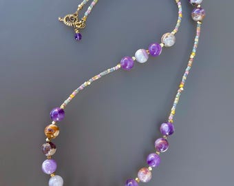 Cape May Amethyst, Glass & Brass “Imperial” Necklace, Colorful, Natural Gemstones, Purple Lovers, Hand Created