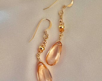 Peach Zircon Smooth Drop Earrings: Sparkly Vintage Glass, 14k Gold Fill, Handmade