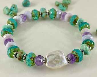 Sonoran Mountain Turquoise, Keishi Pearl Amethyst/Opal & Beachy Glass Bracelet, Stretchy