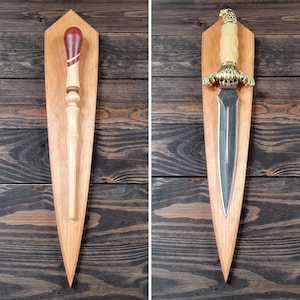 Handcrafted Cherry Wood Wall Plaque: Elegant Display Holder for Wands, Knives & Collectibles