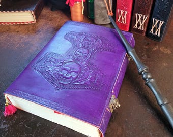 Handmade Leather Journal – Mjolnir and Skull Design, Secure Latches, Velvet Lining
