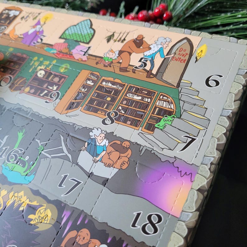 May include: A cardboard advent calendar with numbered perforated doors featuring a colorful fantasy illustration. The scene depicts characters in a stone dungeon, bookshelves, and a door with the text Do Not Enter. The border has a stone pattern.