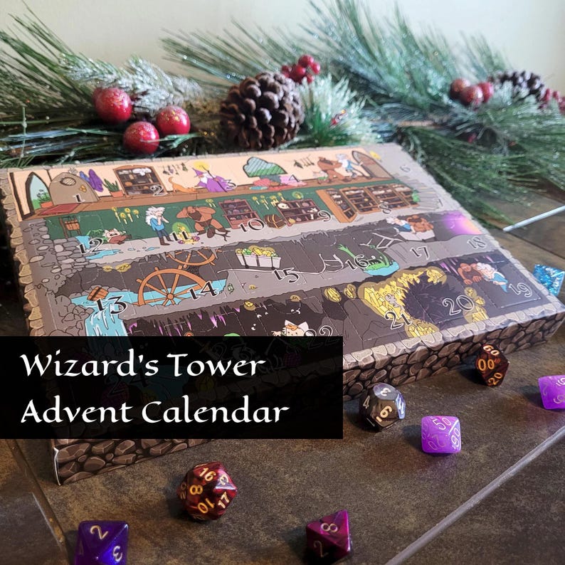 May include: A rectangular cardboard advent calendar titled Wizard's Tower Advent Calendar, featuring a multi-level illustrated dungeon scene with numbered doors from 1 to 24, surrounded by several multi-sided polyhedral dice.