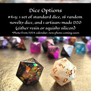 Dice options 4 and 5: 1 set of standard dice, 16 random novelty dice, and 1 artisan-made D20 (either resin or squishy silicon)