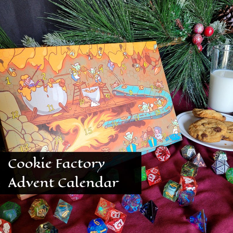 May include: A rectangular advent calendar featuring a cartoon illustration of a cookie factory with numbered doors from 1 to 24. The scene depicts green creatures baking cookies on a conveyor belt and in large pots. The calendar is orange and yellow.