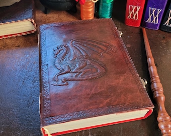 Handmade Leather Journal – Dragon Design, Secure Latches, Velvet Lining