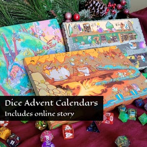 May include: Three rectangular advent calendars with colorful fantasy illustrations featuring numbered doors, scattered with various multi-sided polyhedral dice in different colors and finishes on a dark red fabric surface. Text reads Dice Advent Calendars Includes online story.