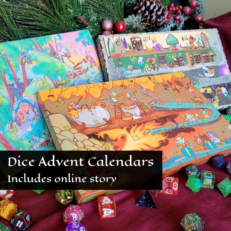 May include: Three rectangular advent calendars with colorful fantasy illustrations featuring numbered doors, scattered with various multi-sided polyhedral dice in different colors and finishes on a dark red fabric surface. Text reads Dice Advent Calendars Includes online story.