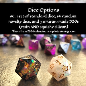 Dice option 6: 1 set of standard dice, 14 random novelty dice, and 3 artisan-made D20s (resin AND squishy silicon)