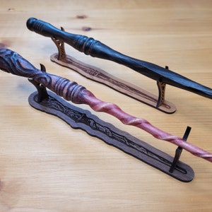 Laser Cut Wand Stand With Engraving - Black Walnut or Cherry Wood