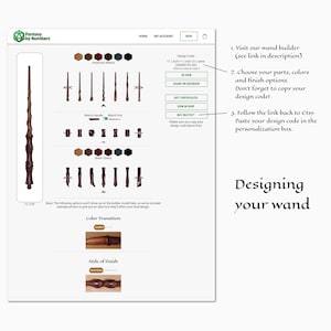 May include: A webpage showcasing a wand builder with various design options. The page includes wand styles, color transitions, and finish options. Text on the page reads "Designing your wand" and provides instructions for ordering.