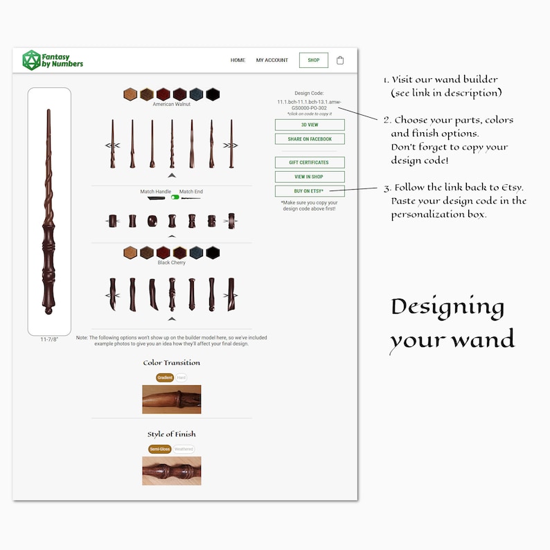 May include: A webpage showcasing a wand builder with various design options. The page includes wand styles, color transitions, and finish options. Text on the page reads "Designing your wand" and provides instructions for ordering.