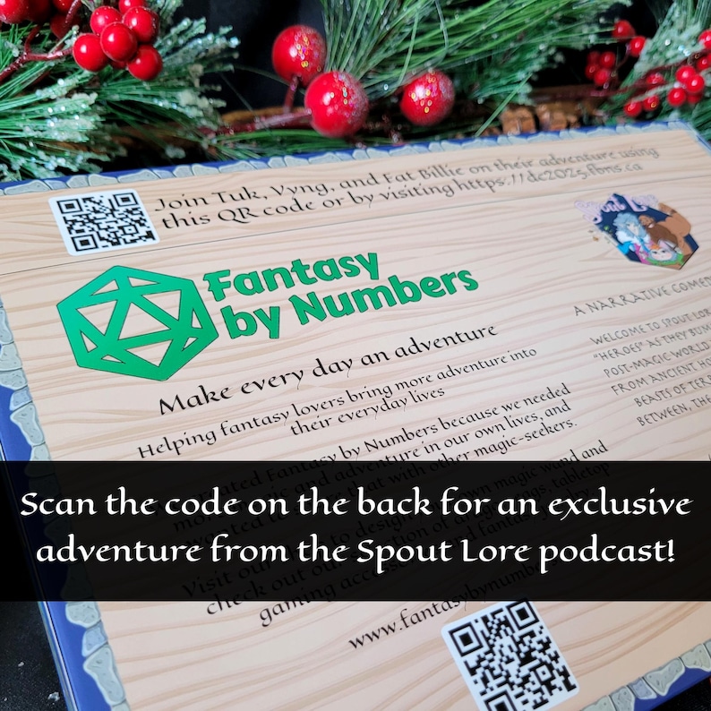 May include: A rectangular card with a light wood grain background featuring the green text Fantasy by Numbers, a green geometric logo, two QR codes, and the text: Scan the code on the back for an exclusive adventure from the Spout Lore podcast!