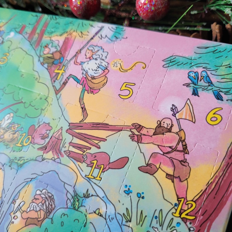 May include: A colorful cardboard advent calendar featuring a whimsical forest scene with illustrated characters, including a person with a spear, a bearded figure with an axe, and beavers. The calendar has numbered perforated doors from 4 to 12.