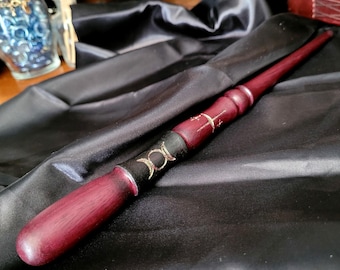 Lunar Wand - Mystical Purpleheart Wand with Triple Moon and North Star Engravings