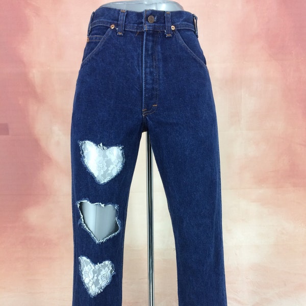 Size 30 Vintage 1970s Heart Cut-out Jeans Straight Leg Jeans - Talon Zipper - Made in USA - Cut-out Love Jeans, waist 30" Medium