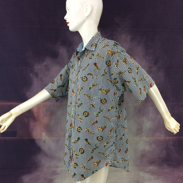 TOMMY HILFIGER Vintage 90's Rare Button Up Shirt All Over Print Golf Motif Checkered Shirt Large Size Full Print Made In Hong Kong