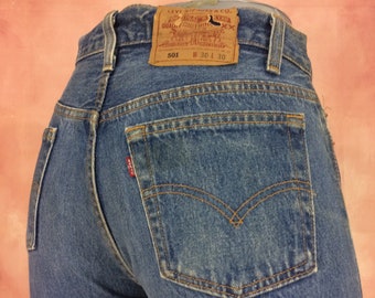 Sz 29 Vintage Levis 501 Women's Distressed Jeans Mid Wash High Waisted 90s Distressed Cropped Boyfriends Mom Bleach Spots Jeans Made In USA