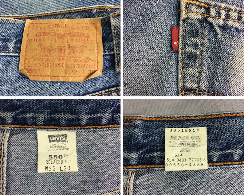 May include: A pair of blue denim jeans with a brown leather Levi's patch and a white Levi's tag. The tag says "550&trade; Relaxed Fit W32 L30". The jeans have a red Levi's tab on the back pocket and a brown leather tag with the text "Levi Strauss & Co. Quality Clothing Every Garment Guaranteed 550 W32 L30".