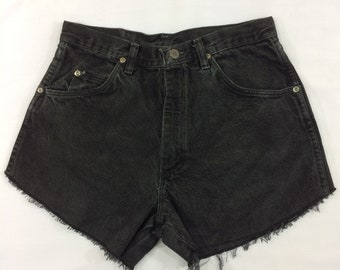 Size 28 Vintage Wrangler Shorts High Waist Distressed Black Wash Western Waist Denim Cutoffs Shorts Made In USA Waist 28"