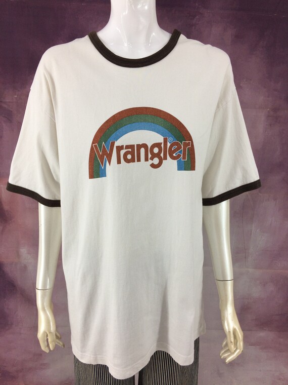 Vintage WRANGLER Ringer T-Shirt Rainbow Stripe Rin