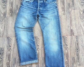 Vintage Distressed Japanische Selvedge Red Line Cropped Denim Jeans Made In Japan W30 L26