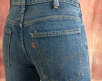 Vintage Levis 684 Big Bell Flare Jeans, Distressed Wide Leg Orange Tab, Talon 42 Zip Measured 31