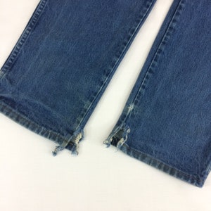 May include: Close-up of the bottom hems of a pair of blue denim jeans. The hems are frayed and distressed, showing the raw edges of the fabric.