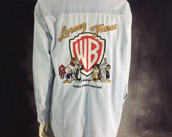 Rare Vintage Looney Tunes Hickory Stripe Exclusive Embroidered Decoration Long Sleeve Button Up Work Shirt Oxford Shirts by Warner Bros