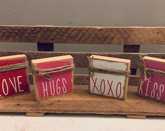 Rustic Wood Valentines Blocks Set of 4, Rustic Valentines Decor, Farmhouse Valentines Decor, Shabby Chic Valentines Blocks