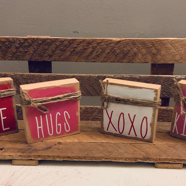 Rustic Wood Valentines Blocks Set of 4, Rustic Valentines Decor, Farmhouse Valentines Decor, Shabby Chic Valentines Blocks