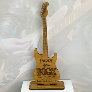 Personalised Daddy / Dad / Grandad ‘You ROCK’ Oak Guitar Gift, Fathers Day, Birthday, Christmas, Musical Instrument, Music Gift