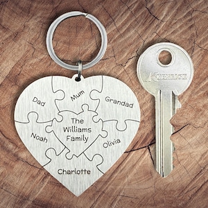 May include: Silver heart-shaped keyring with a jigsaw puzzle design. The puzzle pieces are labelled with names such as "Dad", "Mum", "Noah", "Olivia", "Charlotte", and "The Williams Family".