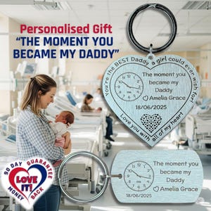 Personalised New Dad Keyring: Baby Birth Date & Time, Stainless Steel Heart