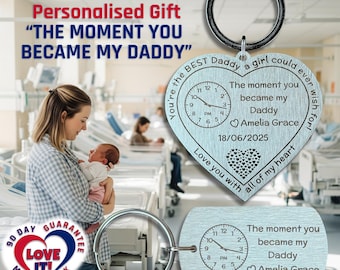 Personalised New Dad Keyring: Baby Birth Date & Time, Stainless Steel Heart