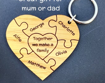 Personalised Gift for Mum, Birthday Gift, Mothers Day gift, Family Keyring, Family Heart, Mummy Gift, Puzzle design, Keyring gift for mum