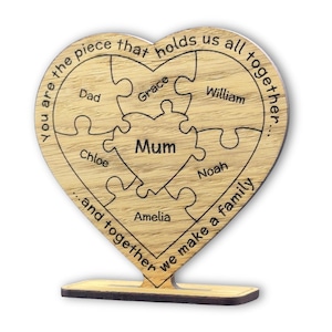 Personalised Oak Heart Puzzle Plaque | Engraved Family Names Sign