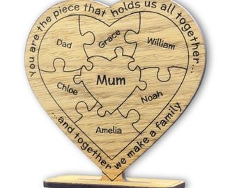 Personalised Oak Heart Puzzle Plaque | Engraved Family Names Sign