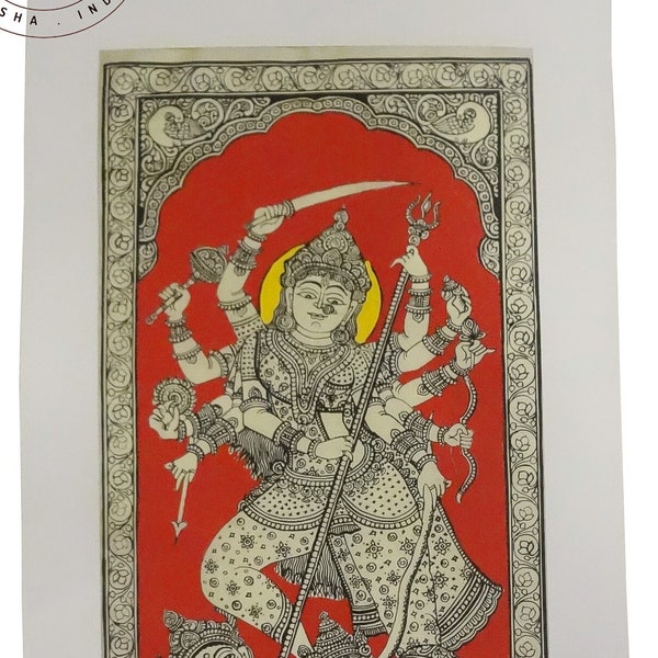 Pattachitra Painting Of Hindu Goddess Maa Durga-Mahishasura mardini Maa Durga Art on silk-Folk art painting-Tussar Silk Painting-Unframe