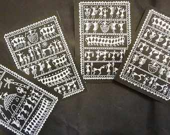 Set di dipinti Warli: arte popolare tribale indiana, senza cornice (6"x4" pollici)
