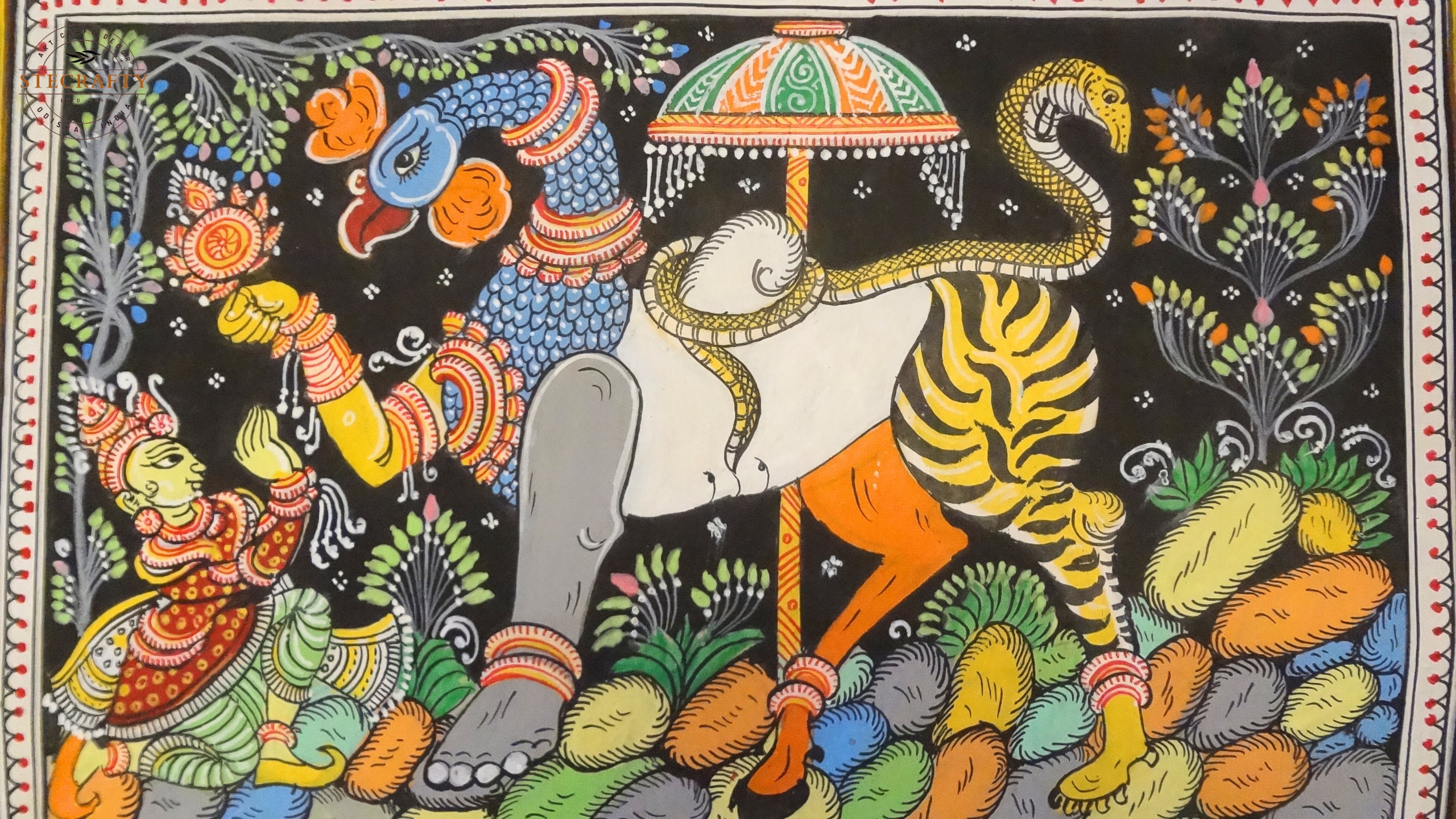 Navagunjara Pattachitra-Indian Mythology Creature Paintings-Bhagavad Gita Great Warrior Arjuna Lean Down in Front of Navagunjara-Unframe