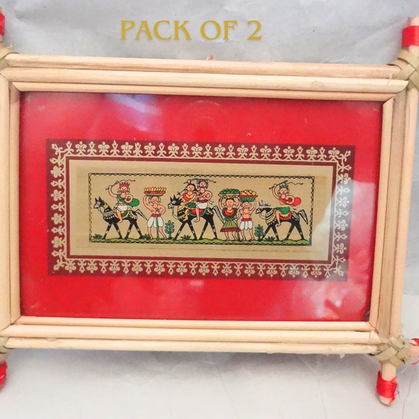 Palm Leaf Art Tribal Story cadre-feuilles de palmier Art avec cadre de bâton de canne pack de 2-Indian Tribal Folk Art-Traditional Indian Tribal Art Frame