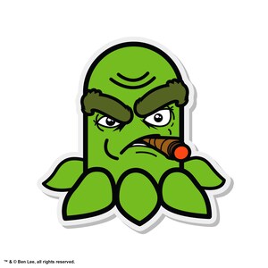May include: A green cartoon character with a grumpy expression, wearing a large, bushy eyebrow and smoking a cigar. The character has a large, green body with four leaf-like appendages.
